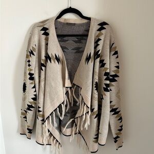 Suzy Shier Beige, Gold and Black Patterned Open Cardigan with Fringes Size L